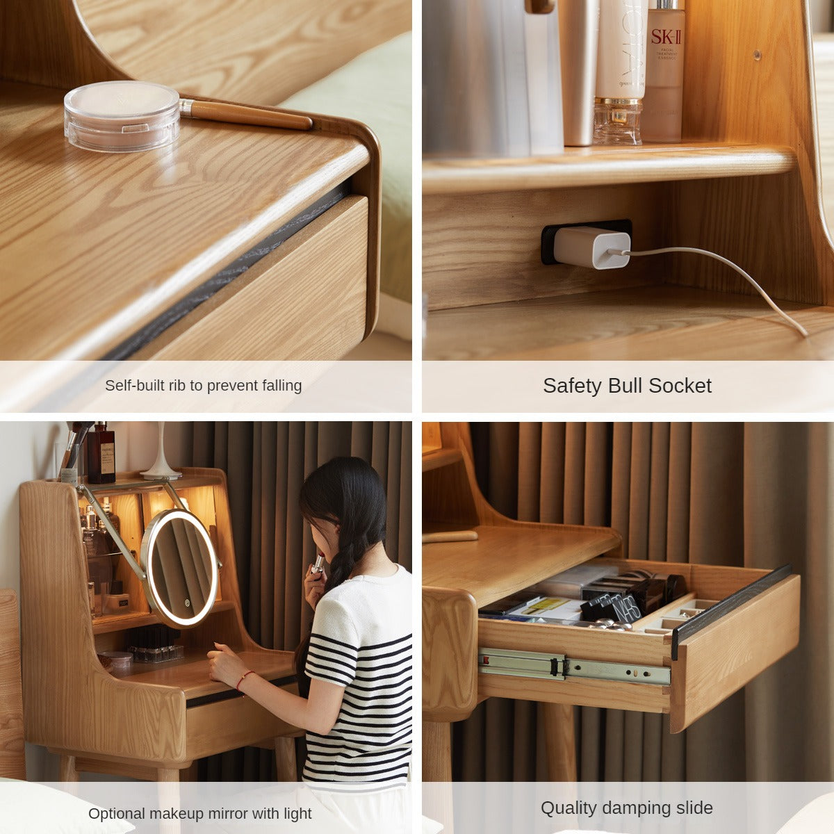 Ash Solid Wood Lighted Vanity Table.