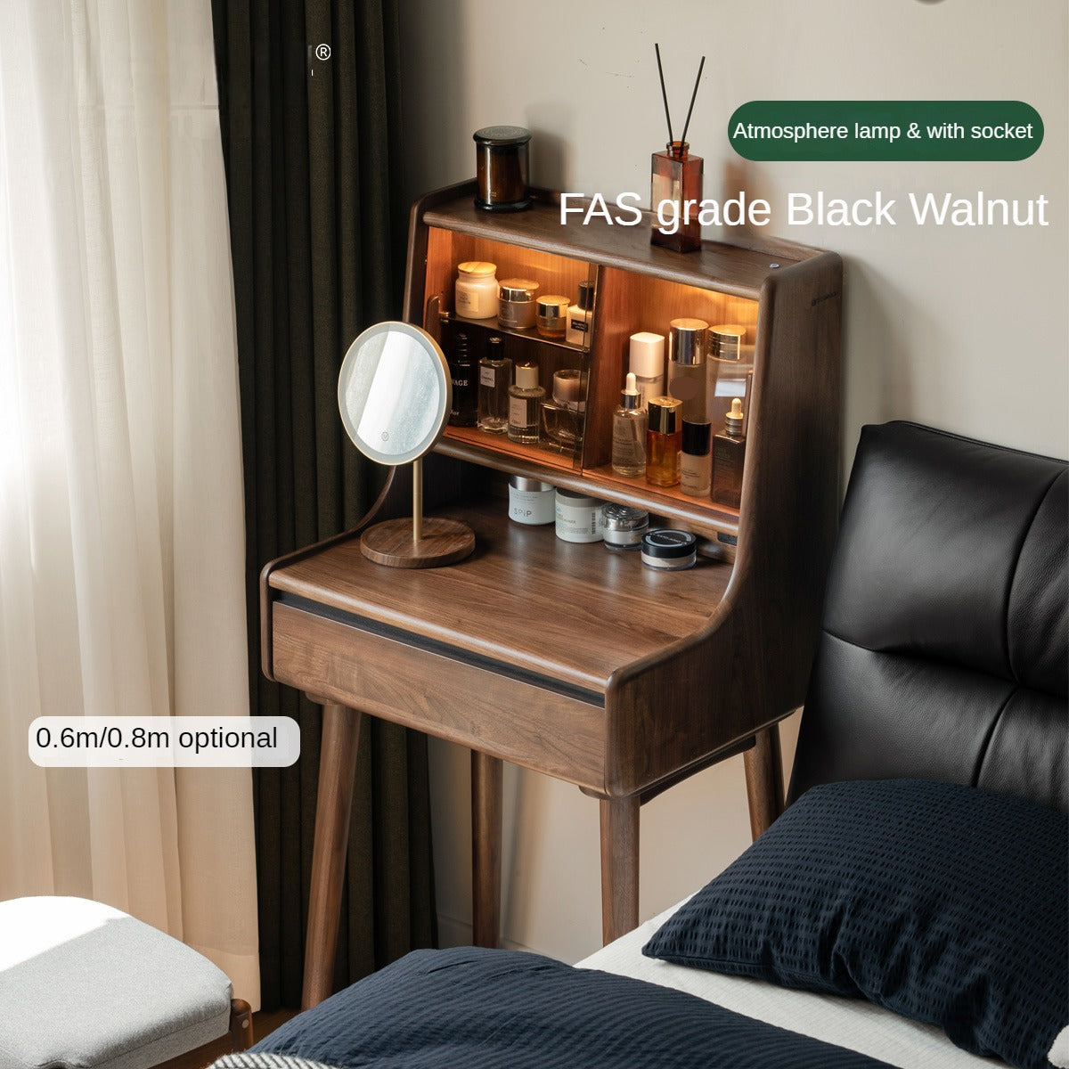 Black Walnut, Sandalwood Solid Wood Lighted Dressing Table.