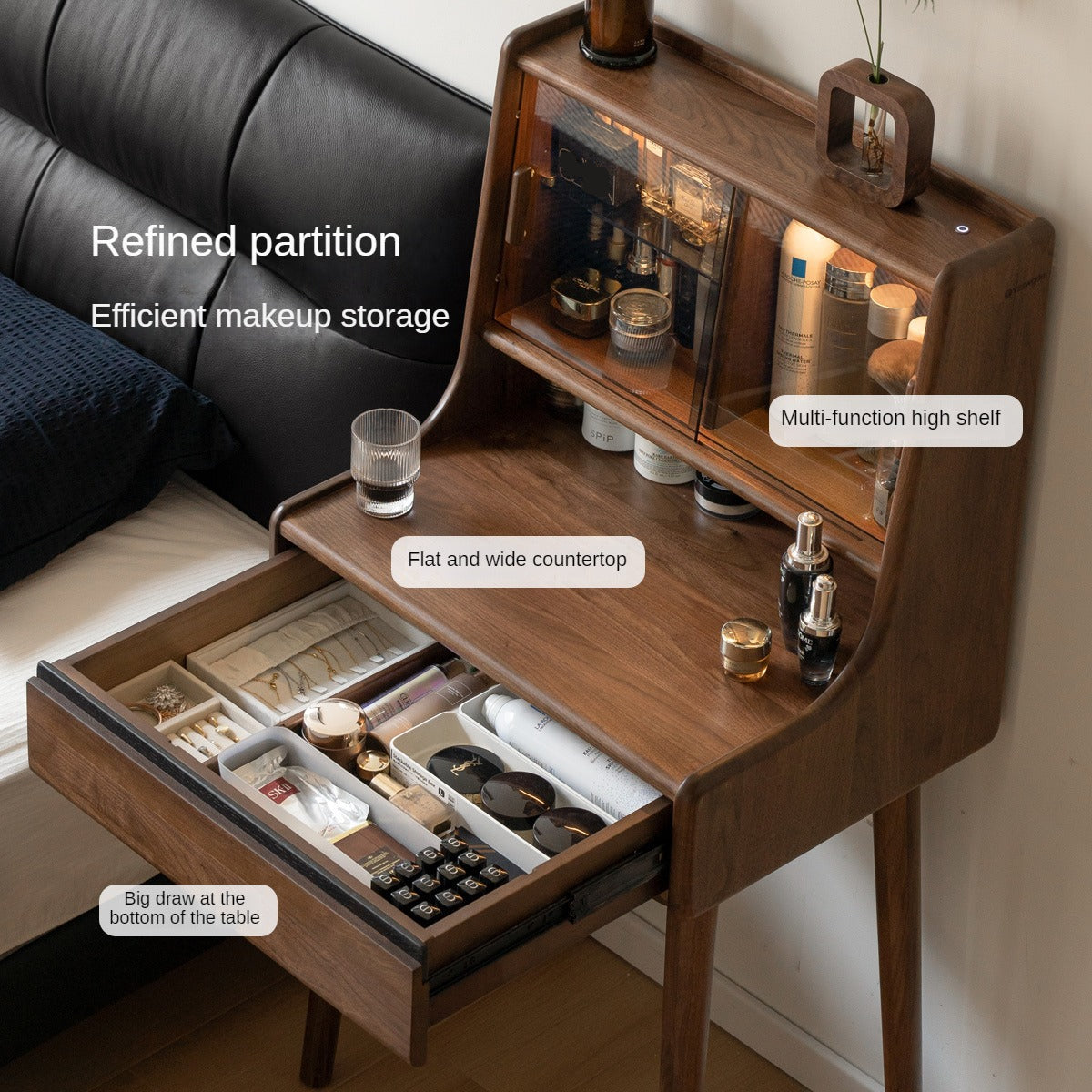 Black Walnut, Sandalwood Solid Wood Lighted Dressing Table.