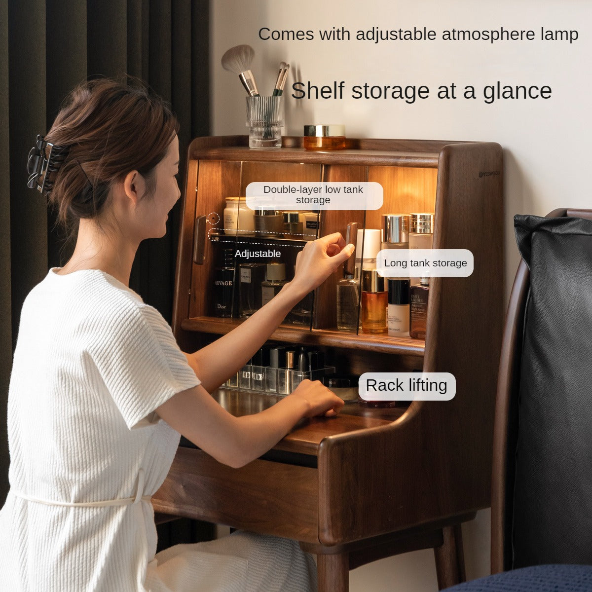 Black Walnut, Sandalwood Solid Wood Lighted Dressing Table.