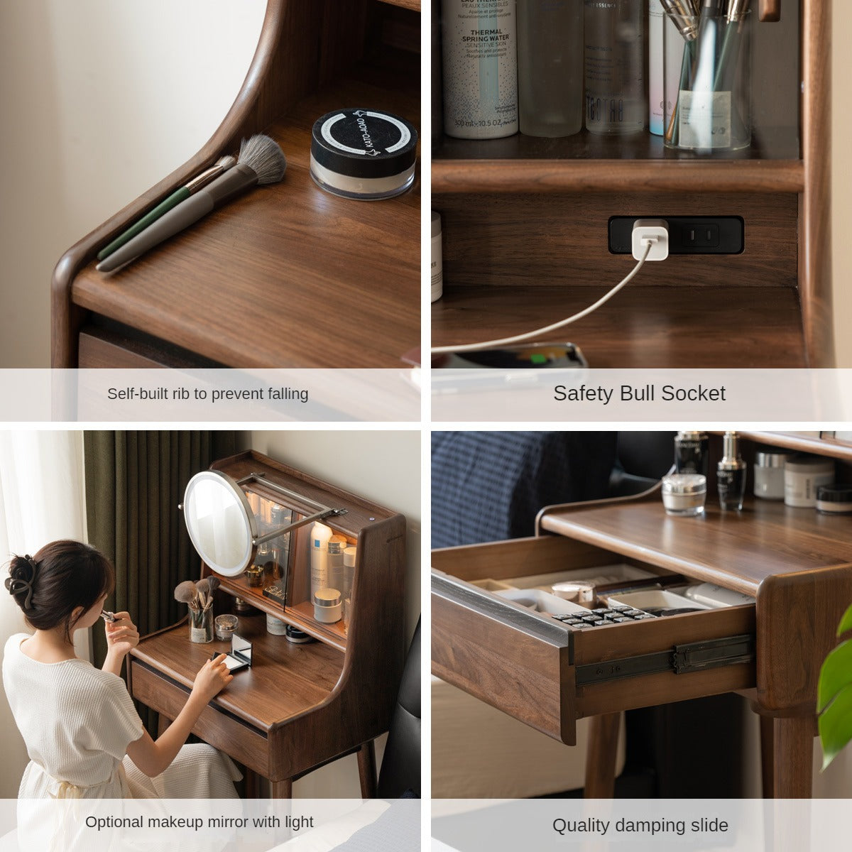 Black Walnut, Sandalwood Solid Wood Lighted Dressing Table.