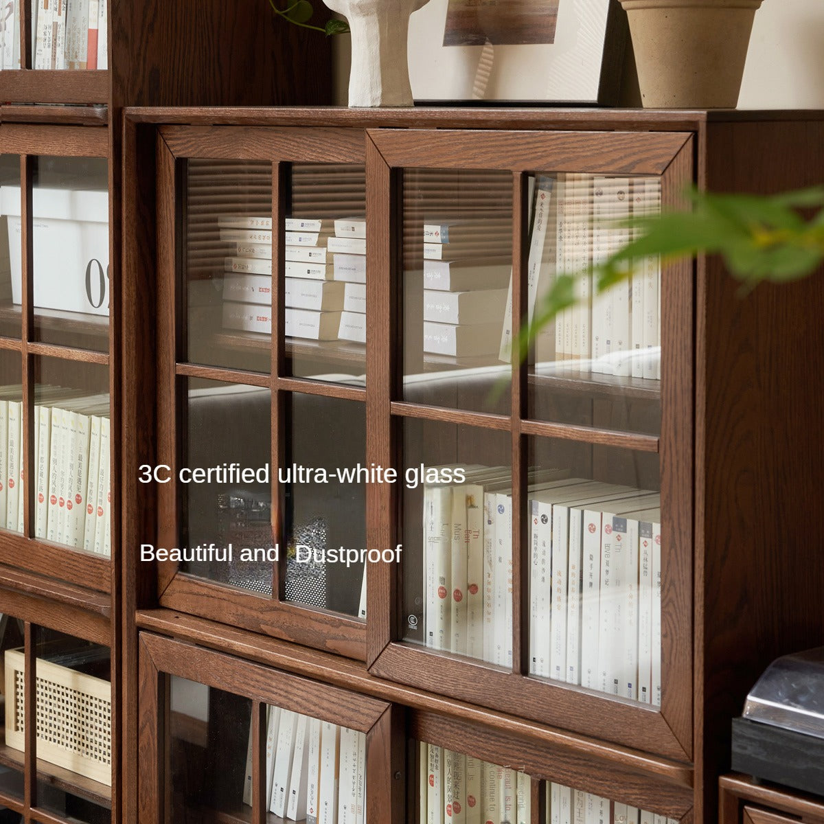 Black Walnut, Oak Solid Wood Sliding Door Bookcase
