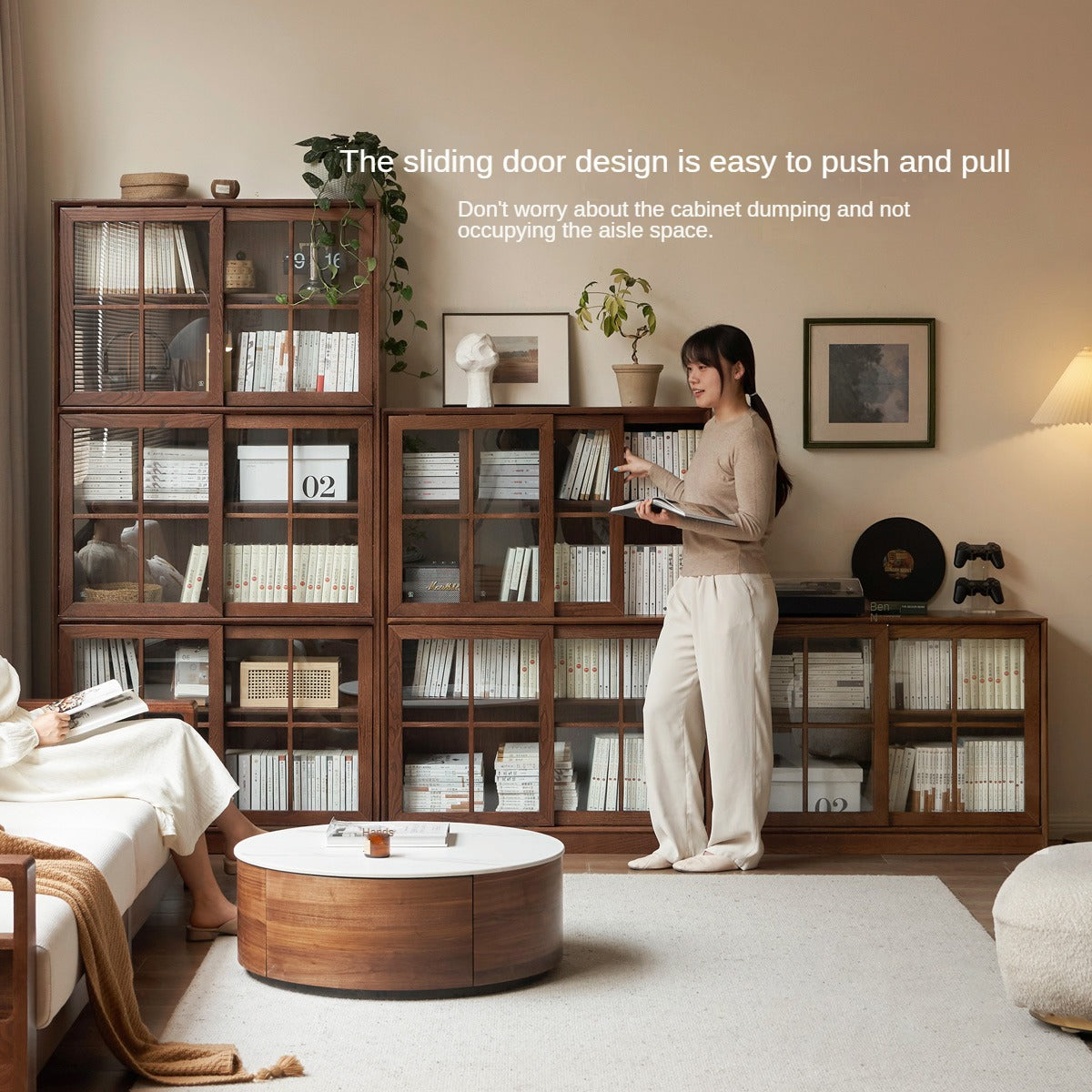 Black Walnut, Oak Solid Wood Sliding Door Bookcase