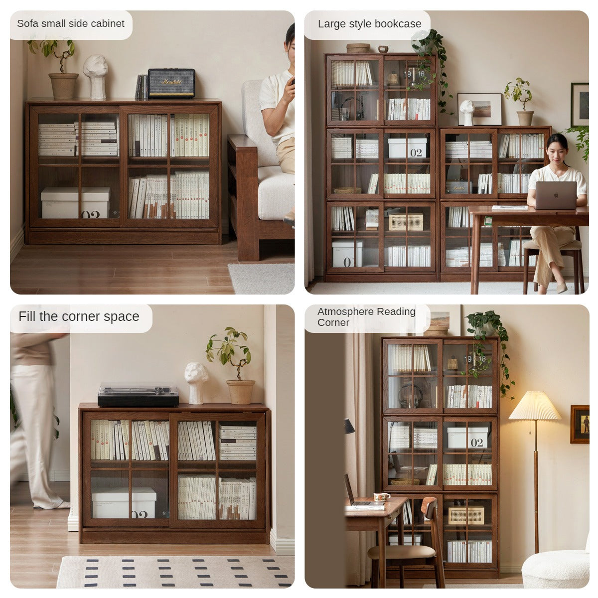 Black Walnut, Oak Solid Wood Sliding Door Bookcase