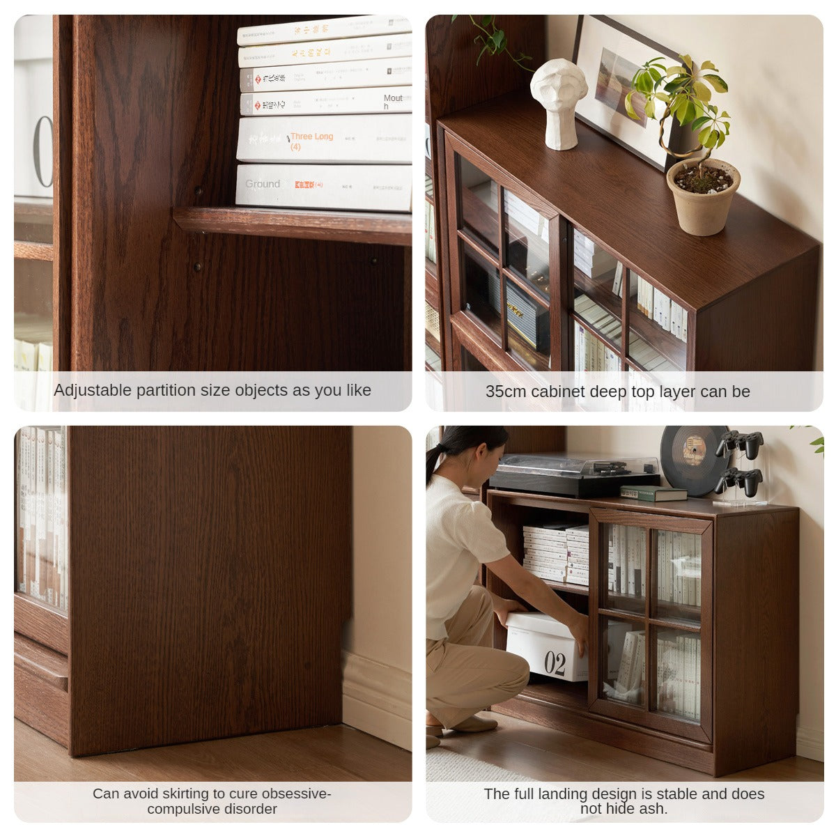 Black Walnut, Oak Solid Wood Sliding Door Bookcase