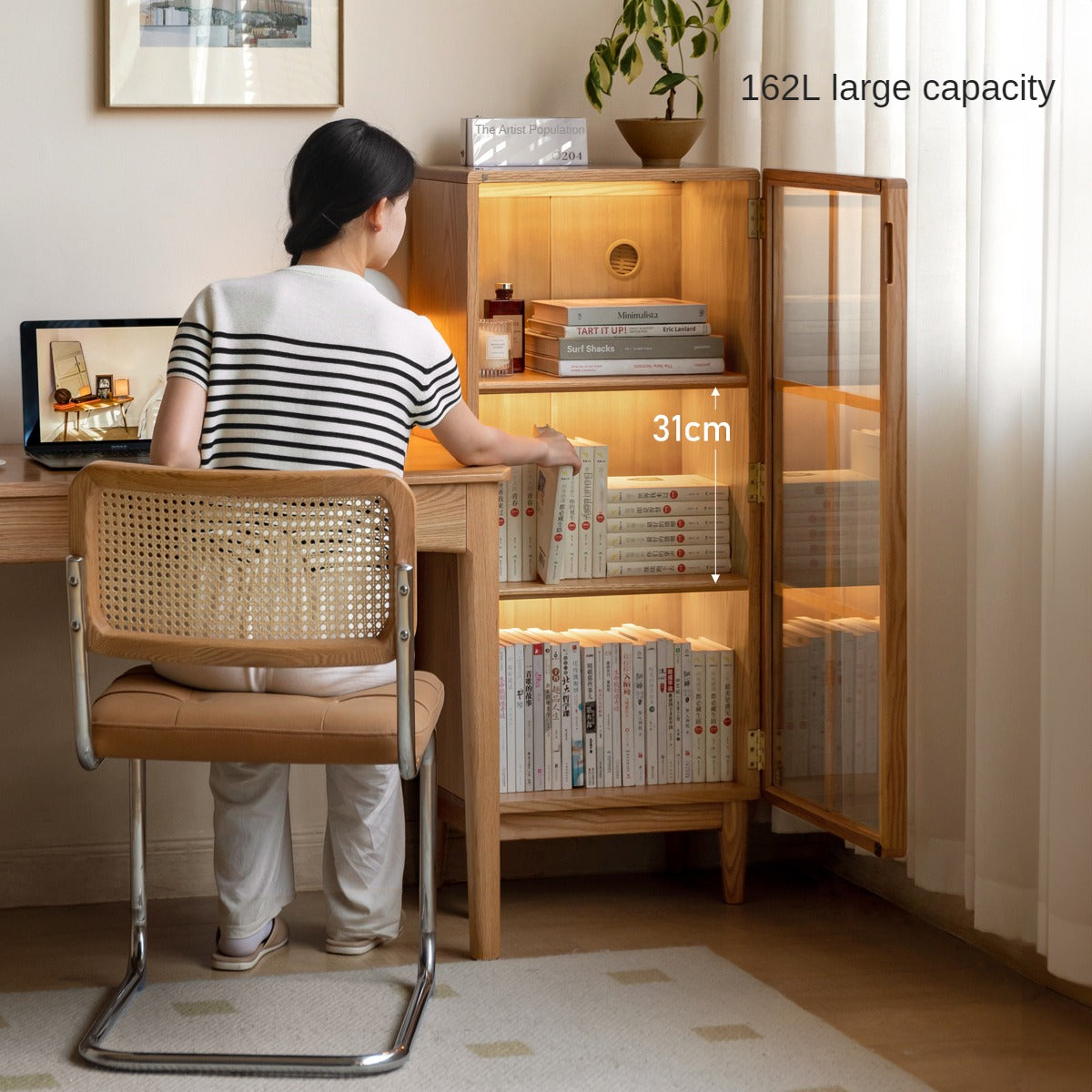 Oak, Rubberwood Solid Wood Glass Storage Bookcase