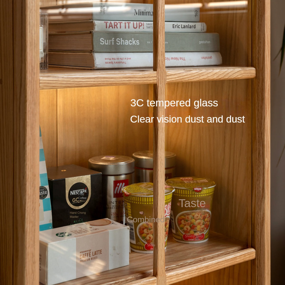 Oak, Rubberwood Solid Wood Glass Storage Bookcase