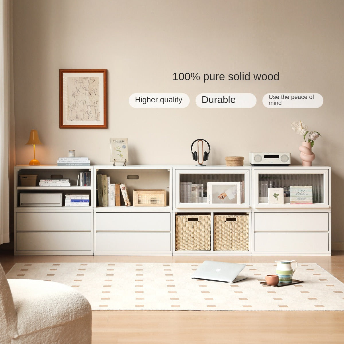 Poplar Solid Wood TV Cabinet Floor Cabinet Cream Style