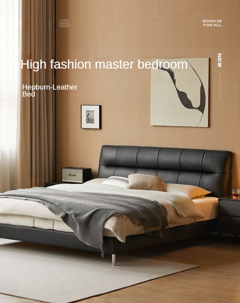 First Layer of Yellow Cowhide Italian Light Luxury Black Bed