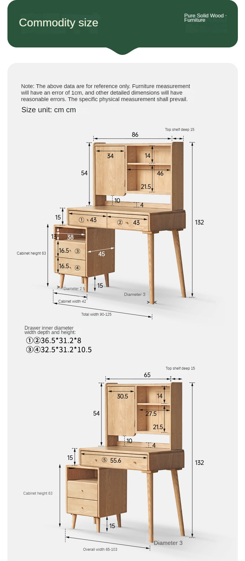 Ash Solid Wood Vanity Table with Mirror Shelf & Flip Cover.