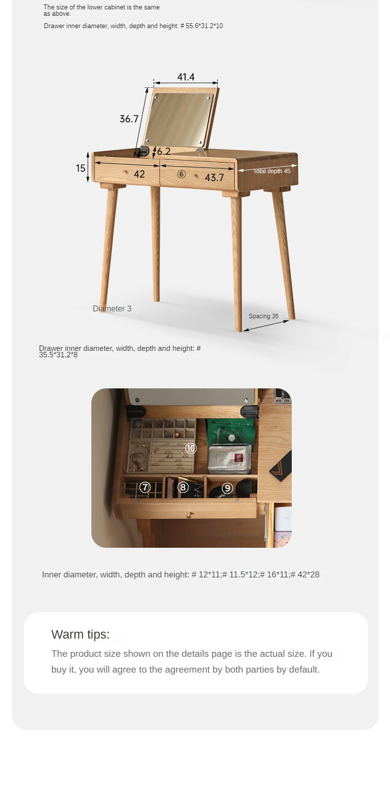 Ash Solid Wood Vanity Table with Mirror Shelf & Flip Cover.