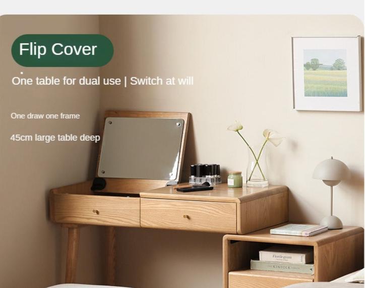 Ash Solid Wood Vanity Table with Mirror Shelf & Flip Cover.