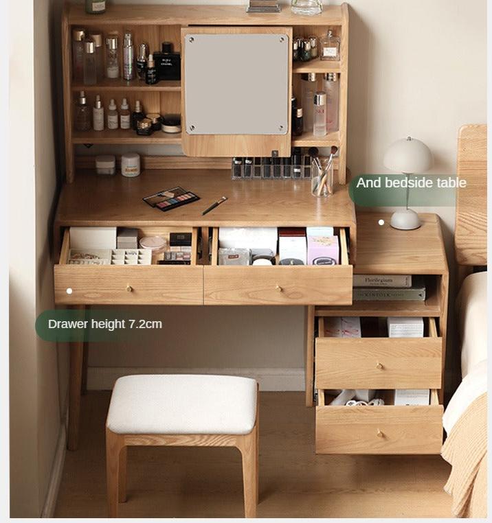 Ash Solid Wood Vanity Table with Mirror Shelf & Flip Cover.
