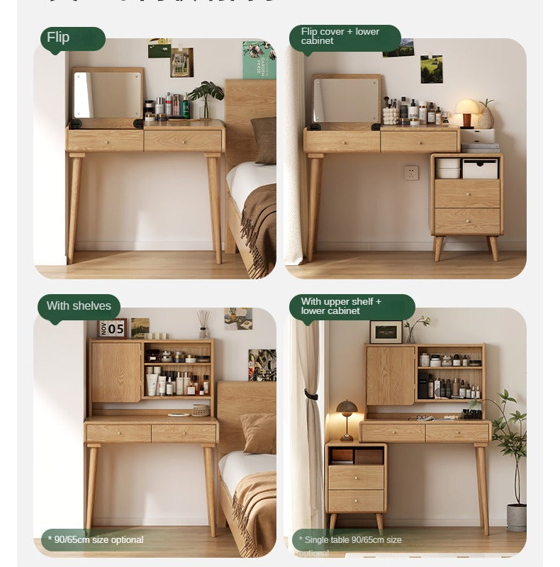Ash Solid Wood Vanity Table with Mirror Shelf & Flip Cover.