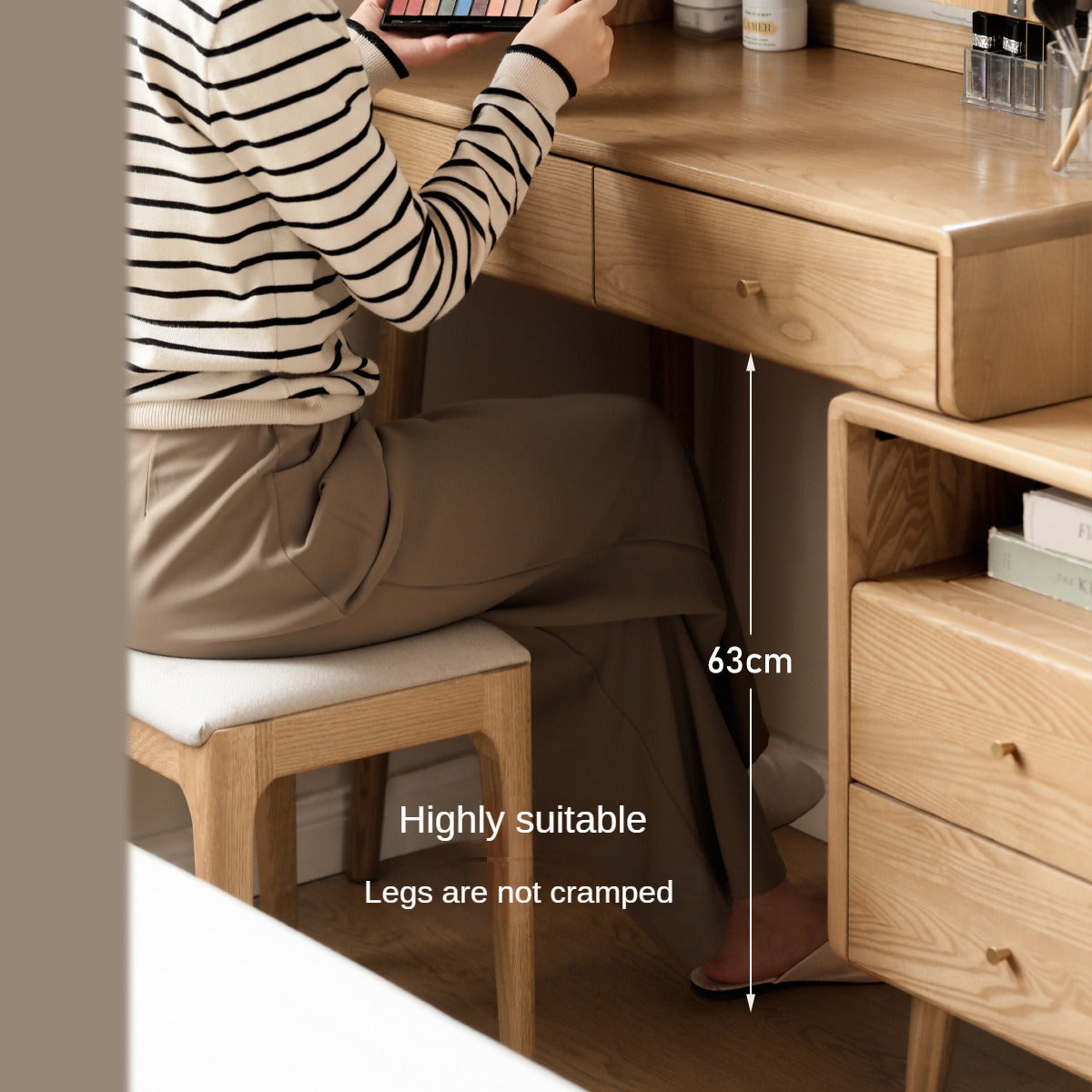 Ash Solid Wood Vanity Table with Mirror Shelf & Flip Cover.