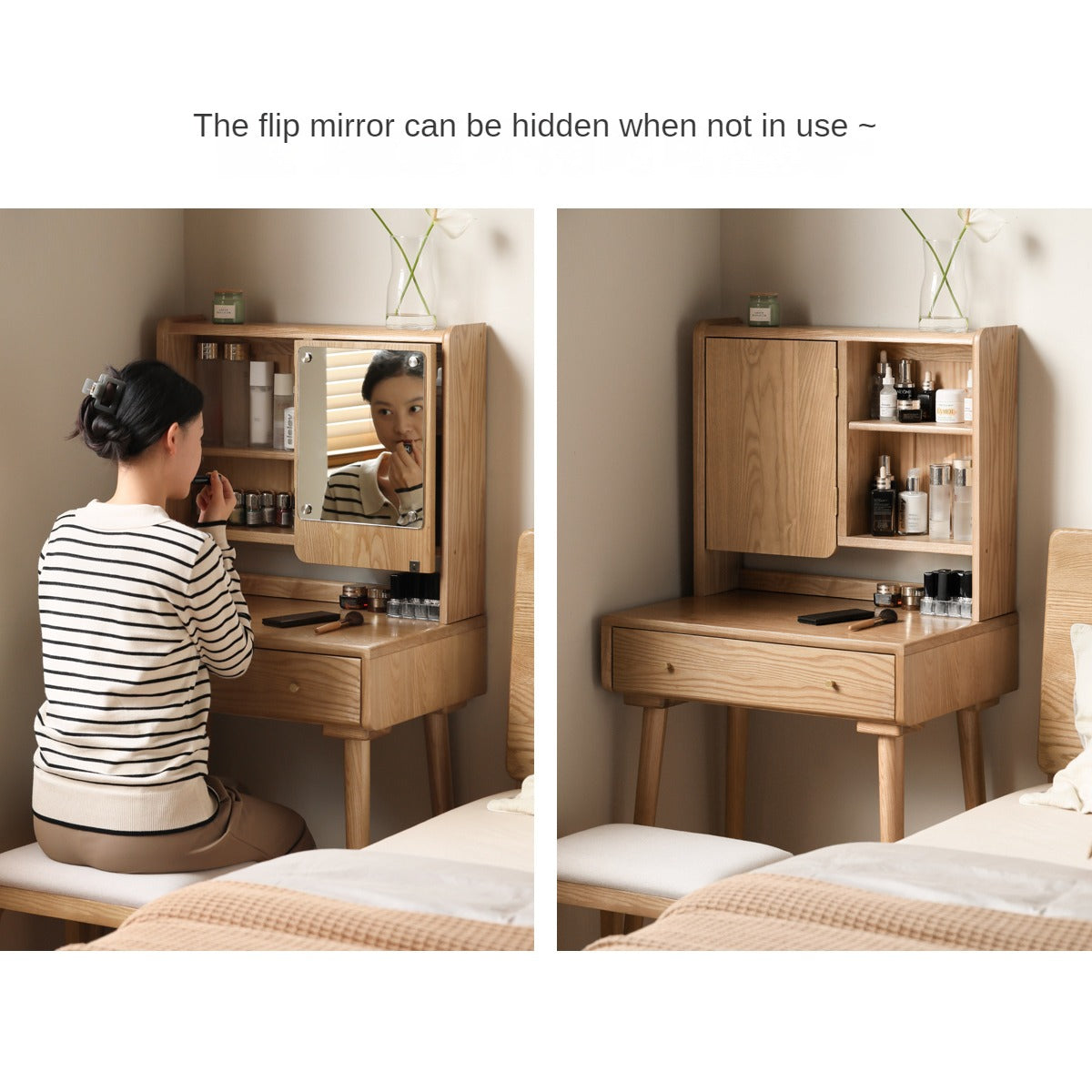 Ash Solid Wood Vanity Table with Mirror Shelf & Flip Cover.