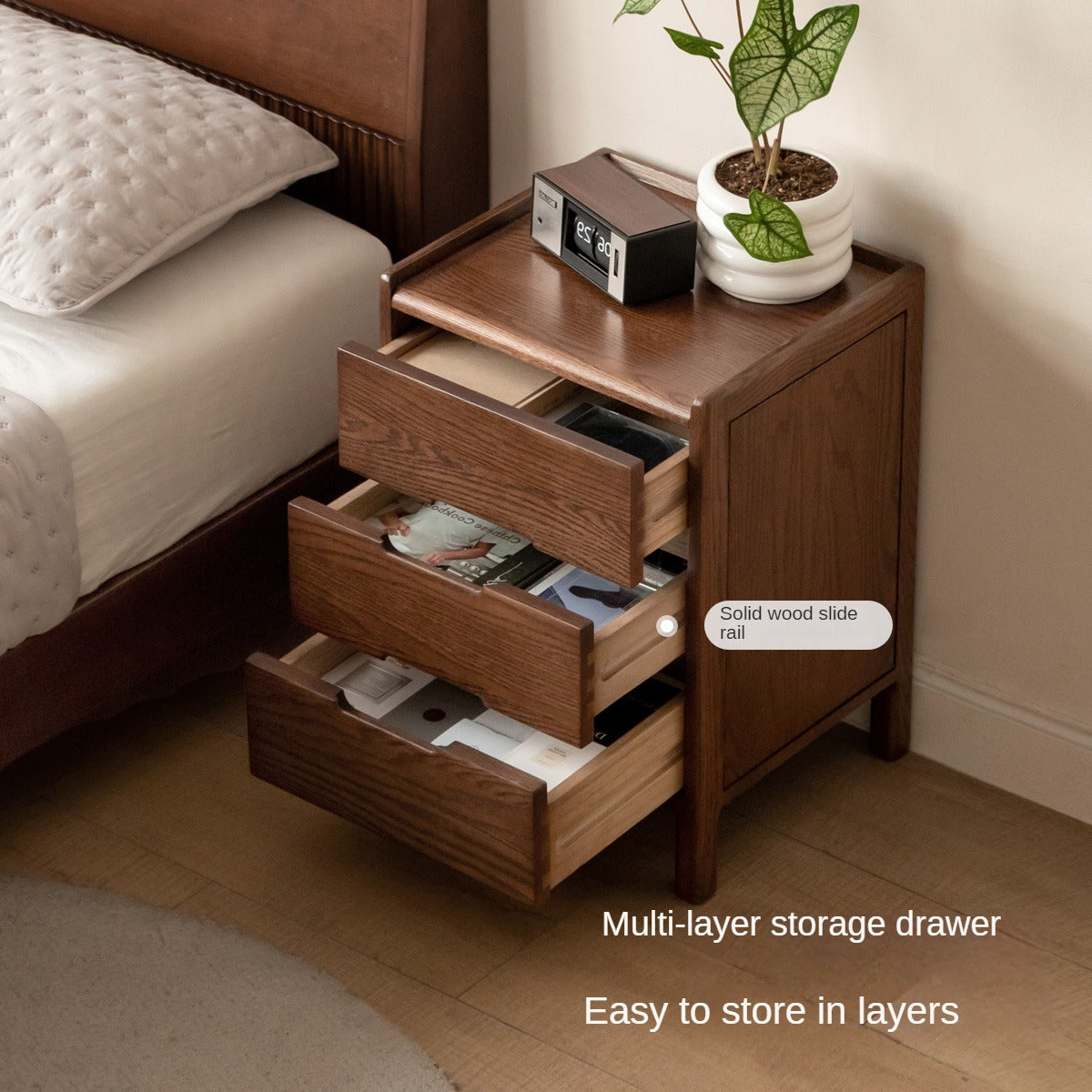 Oak Solid Wood, Solid Rubberwood Nordic Style Nightstand