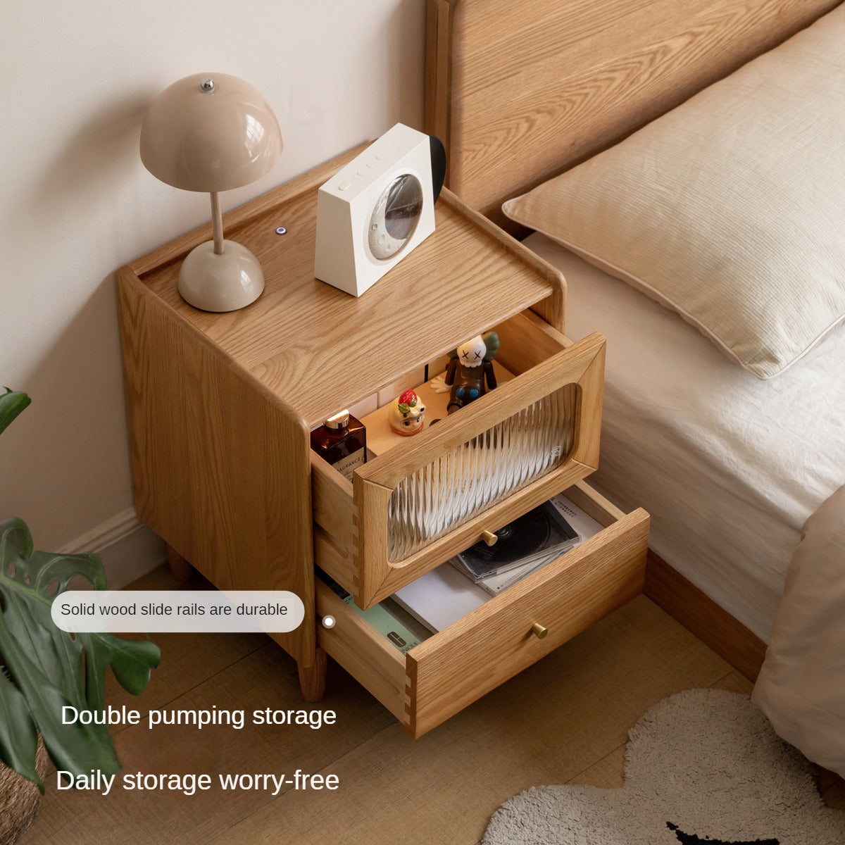 Oak, Beech Solid Wood Nightstand With Light