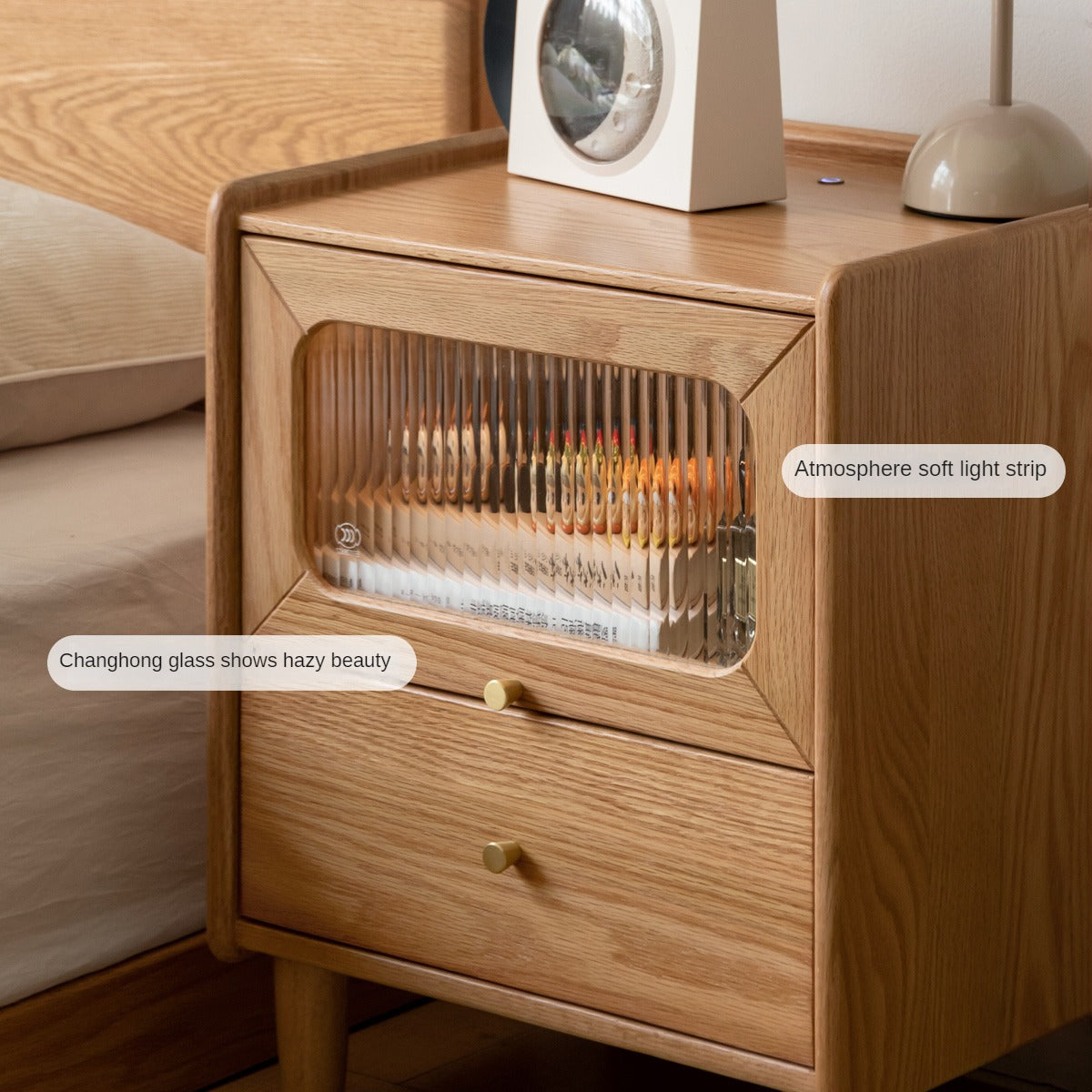 Oak, Beech Solid Wood Nightstand With Light