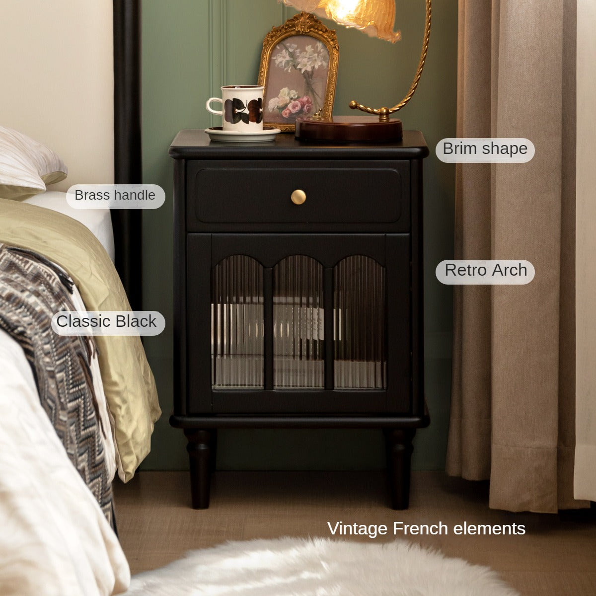 Solid RubberWood French Retro Style Black Nightstand