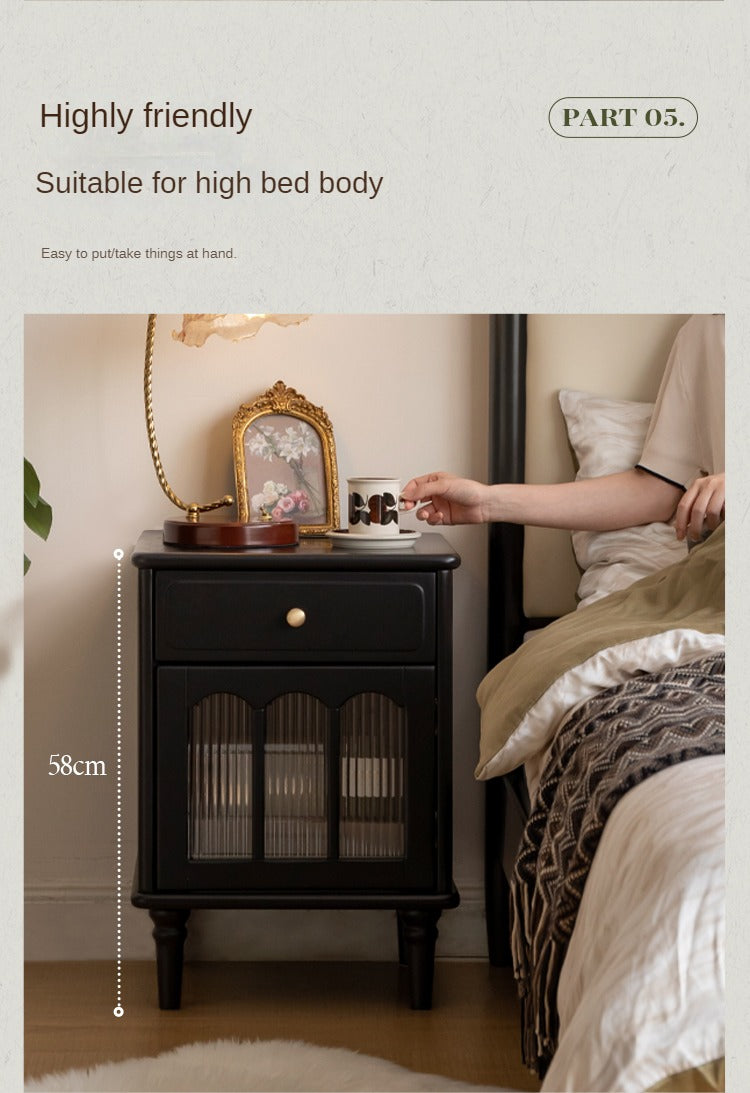 Solid RubberWood French Retro Style Black Nightstand