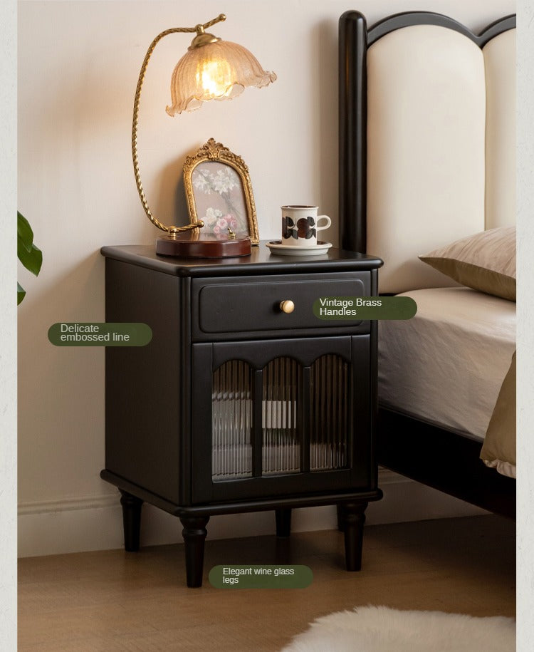 Solid RubberWood French Retro Style Black Nightstand