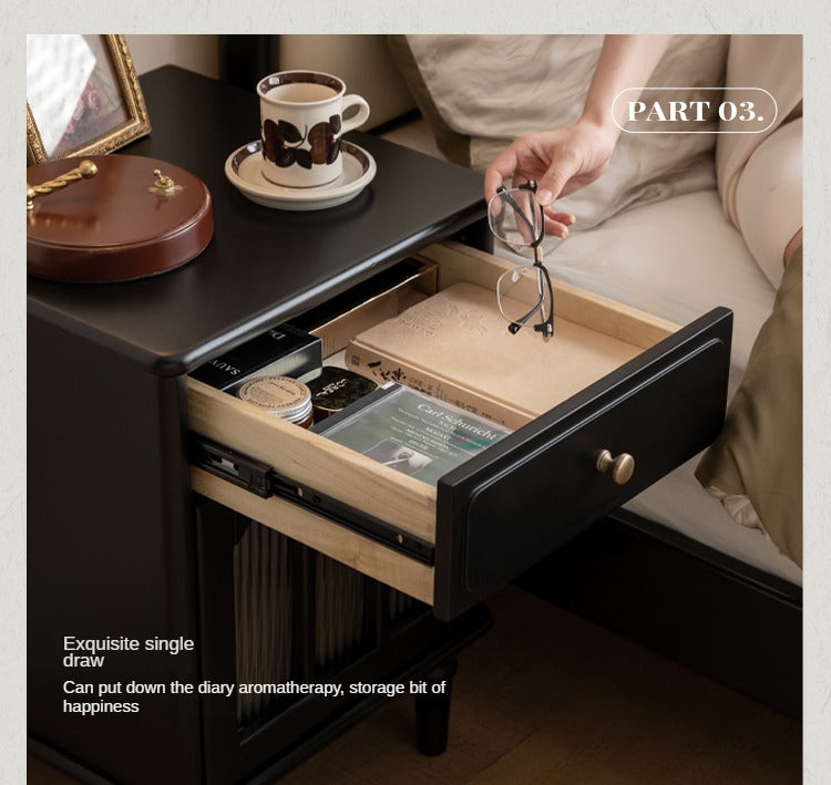 Solid RubberWood French Retro Style Black Nightstand