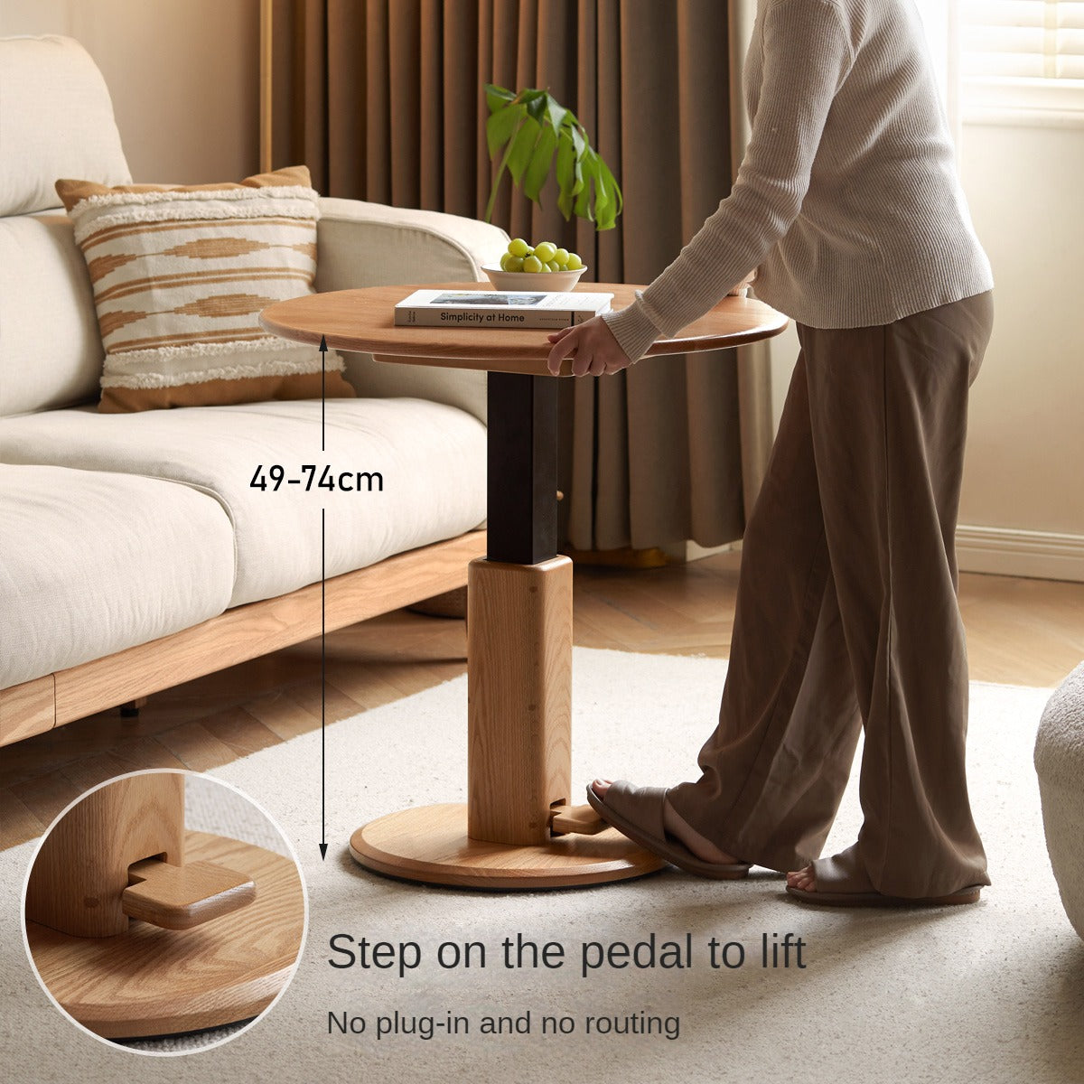 Oak Solid Wood Liftable Round Coffee Table