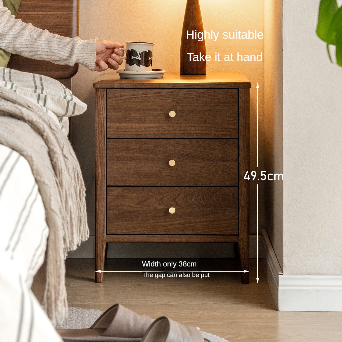 Black Walnut Solid Wood Nordic Style Nightstand.