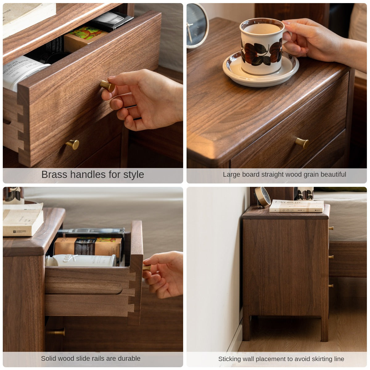 Black Walnut Solid Wood Nordic Style Nightstand.