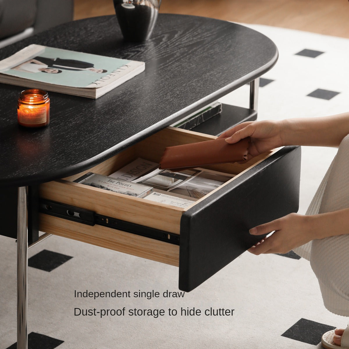 Oak Solid Wood Black Oval Coffee Table