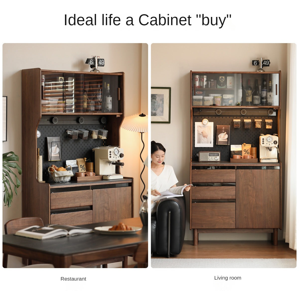 Golden Sandalwood, Black Walnut, Oak Solid Wood Rock Board Dining Sideboard