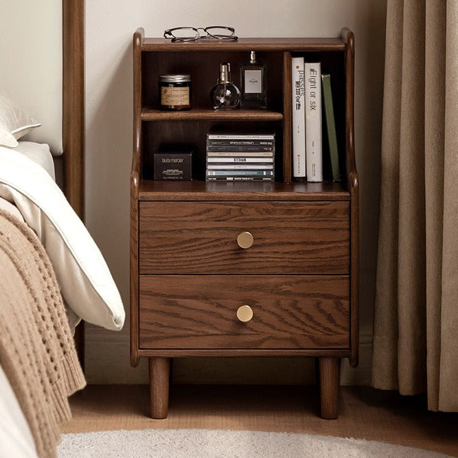Oak Solid Wood Nightstand with Asymmetrical Open Bookshelf and Two Drawers