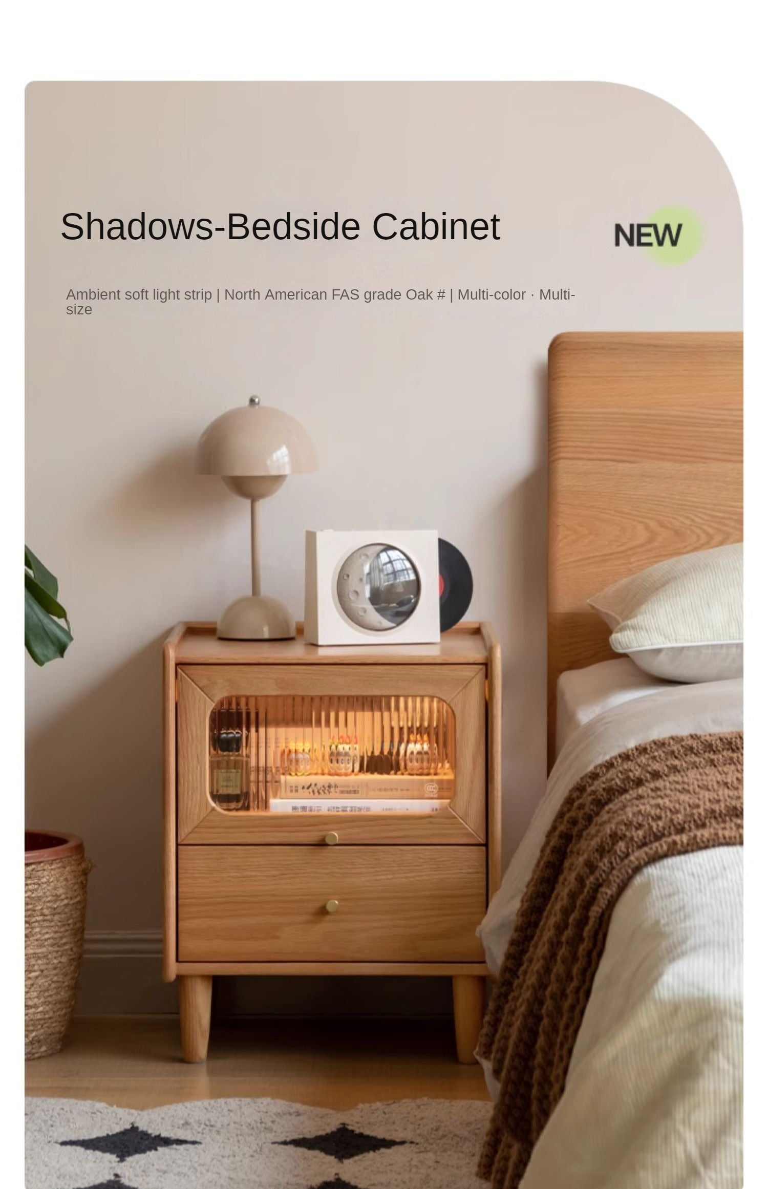 Oak, Beech Solid Wood Nightstand With Light