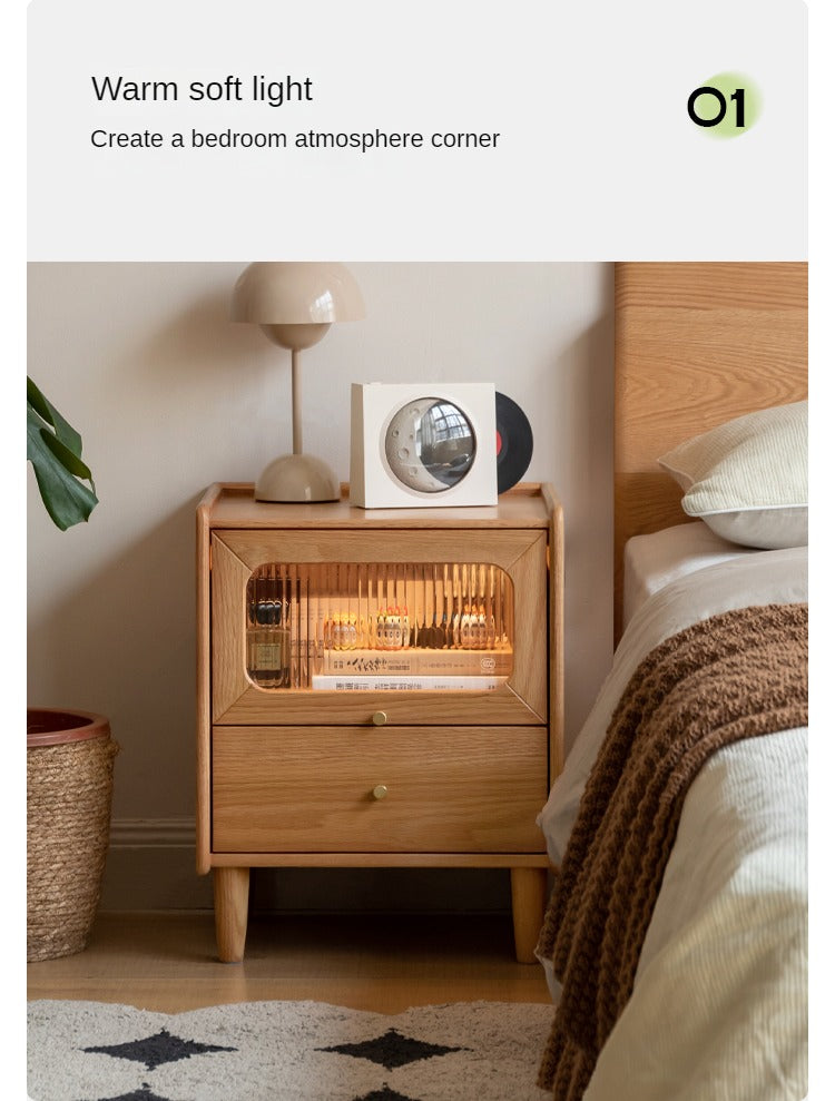 Oak, Beech Solid Wood Nightstand With Light