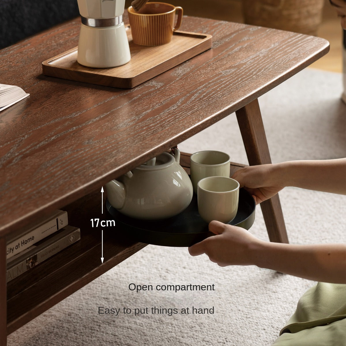 Solid Rubberwood, Beech, Oak Solid Wood Walnut Color Double-Layer Coffee Table