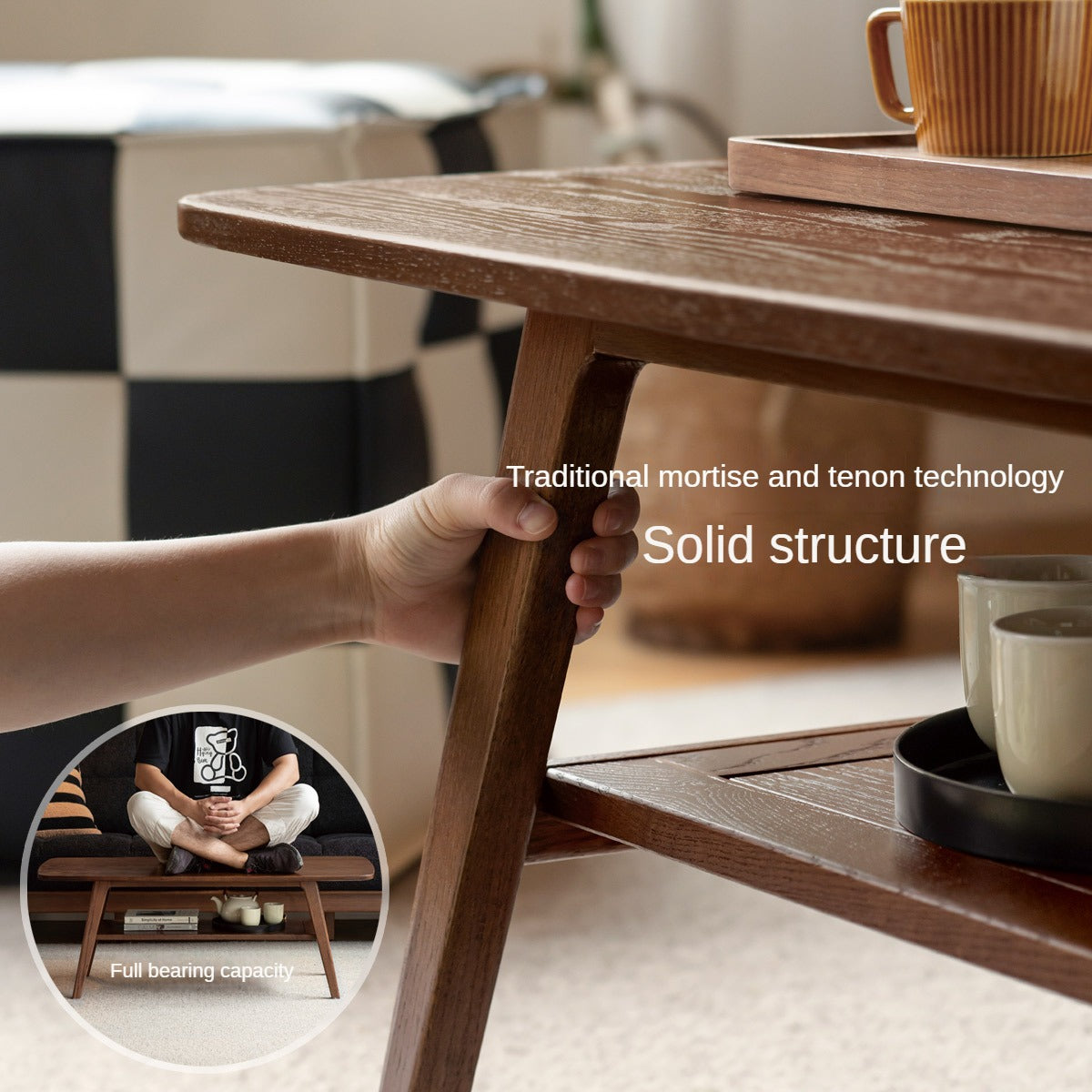 Solid Rubberwood, Beech, Oak Solid Wood Walnut Color Double-Layer Coffee Table