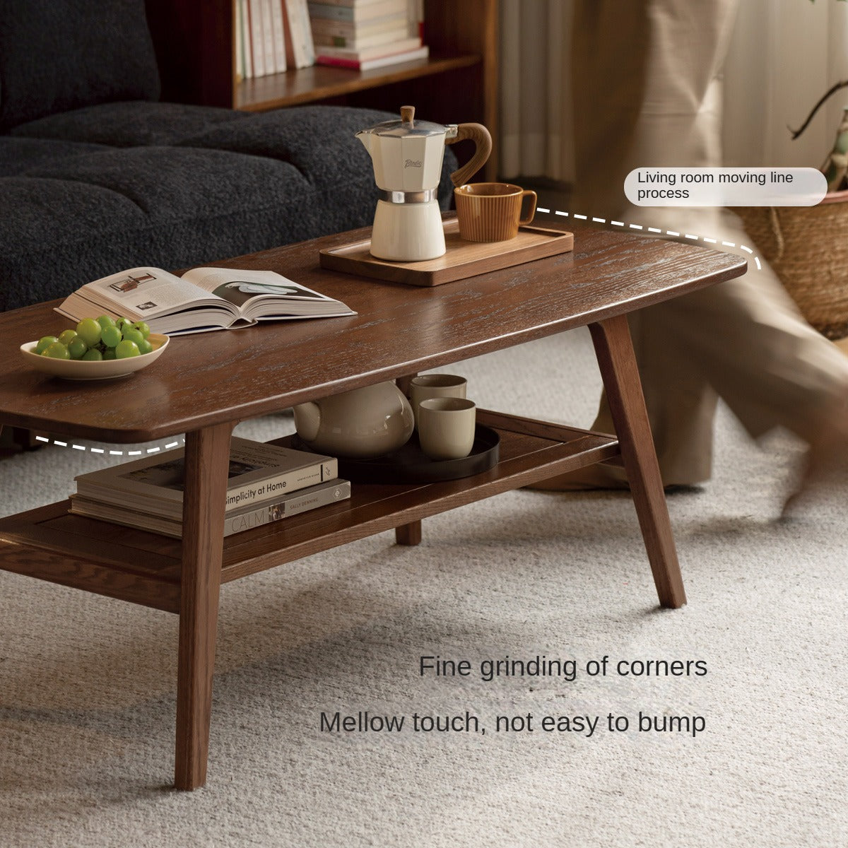Solid Rubberwood, Beech, Oak Solid Wood Walnut Color Double-Layer Coffee Table