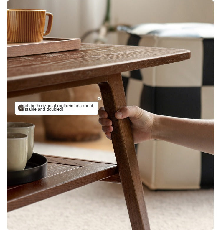 Solid Rubberwood, Beech, Oak Solid Wood Walnut Color Double-Layer Coffee Table