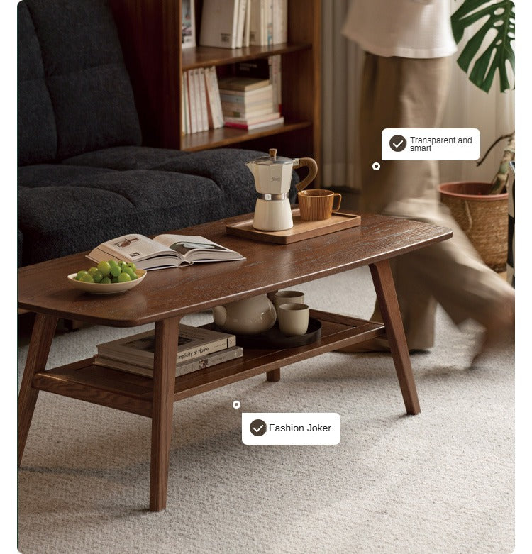 Solid Rubberwood, Beech, Oak Solid Wood Walnut Color Double-Layer Coffee Table
