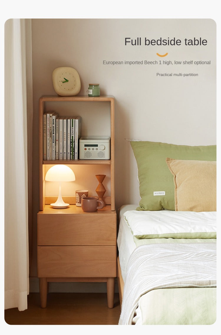 Beech Solid Wood Nightstand and Elevated Storage Rack, Bedside Bookshelf.