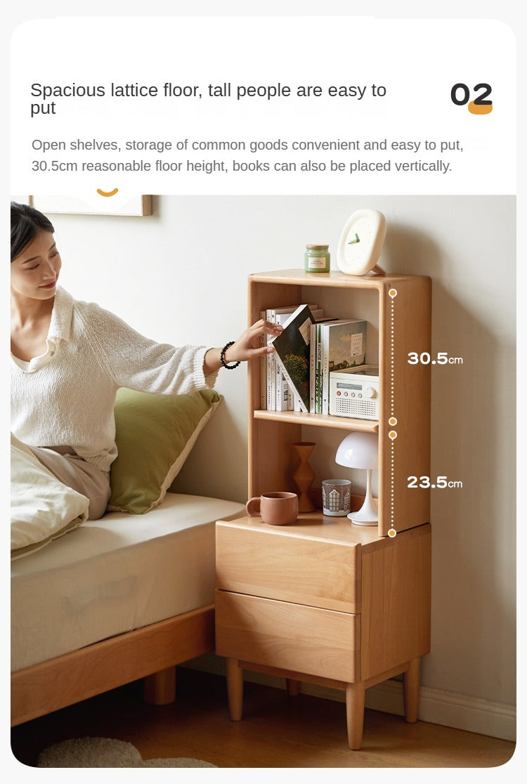 Beech Solid Wood Nightstand and Elevated Storage Rack, Bedside Bookshelf.