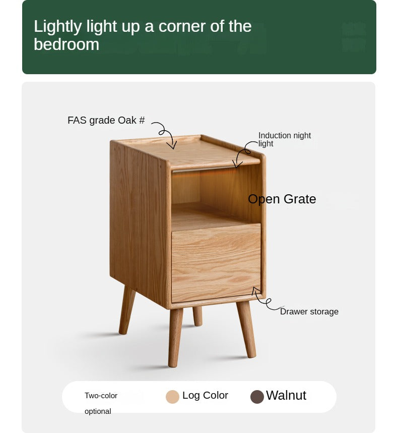 Oak Solid Wood, Solid Rubberwood Ultra-Narrow Nightstand.