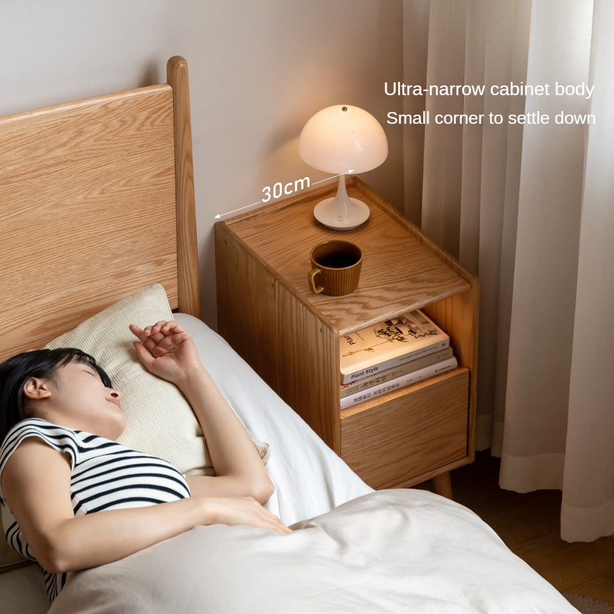 Oak Solid Wood, Solid Rubberwood Ultra-Narrow Nightstand.