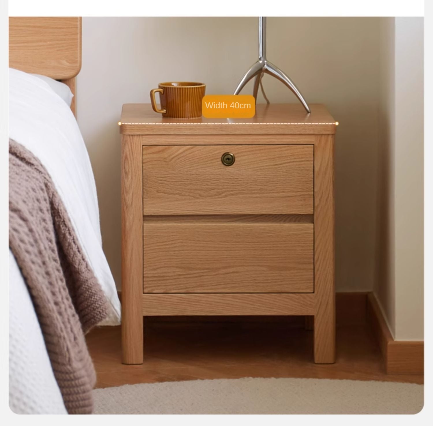 Oak Solid Wood, Solid Rubberwood Nightstand with Locker.