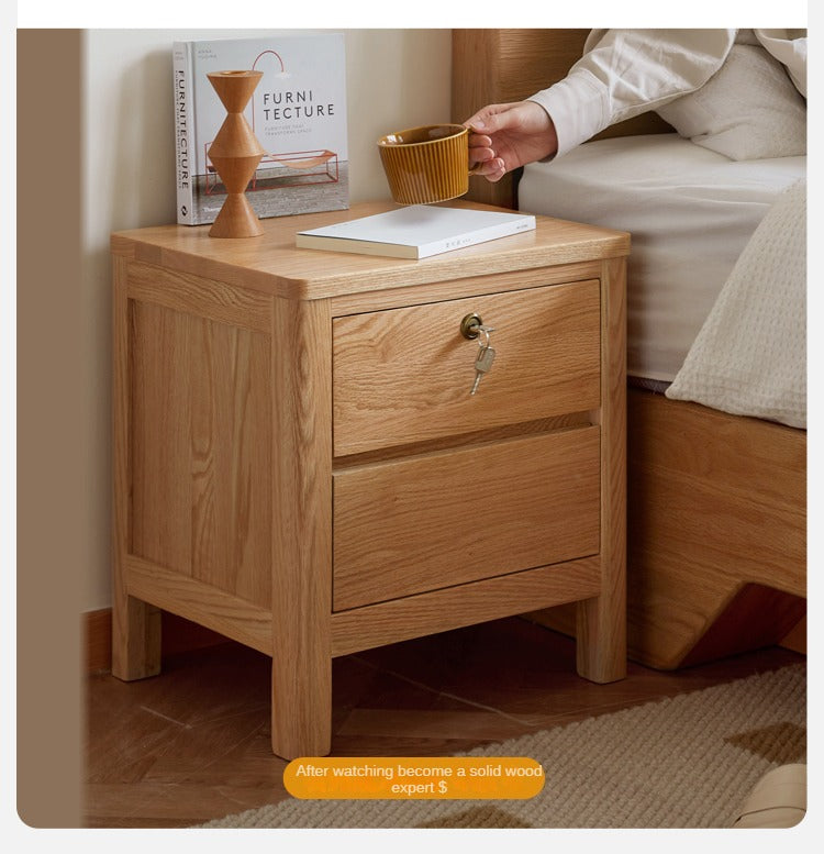Oak Solid Wood, Solid Rubberwood Nightstand with Locker.