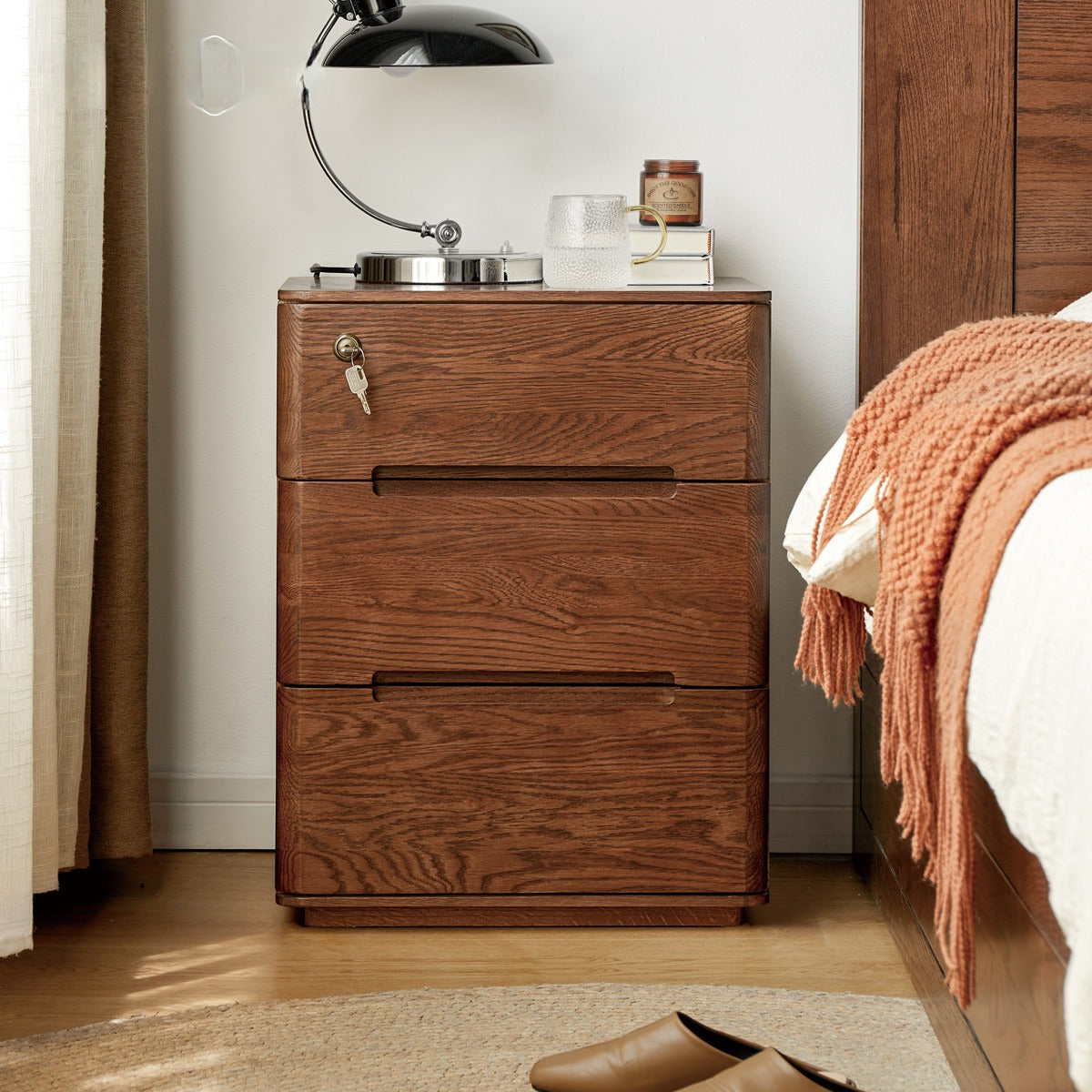 Oak Solid Wood Nightstand with Lock.