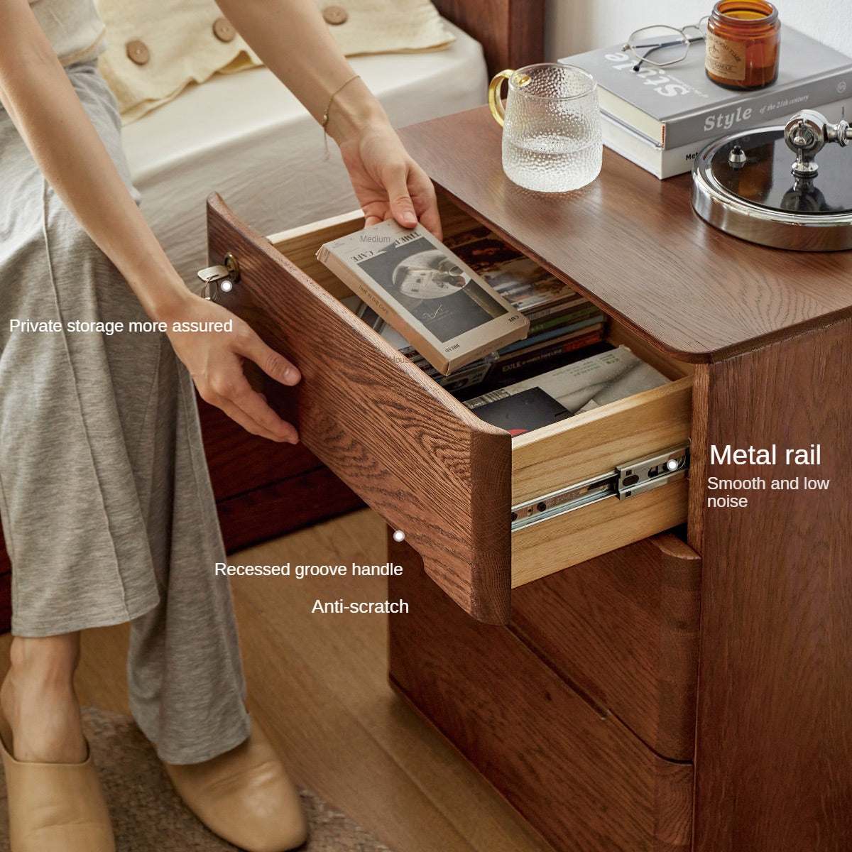 Oak Solid Wood Nightstand with Lock.
