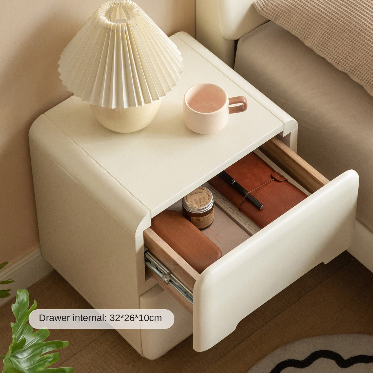 Tulipwood Solid Wood, Solid RubberWood Warm White Two-Drawer Nightstand.