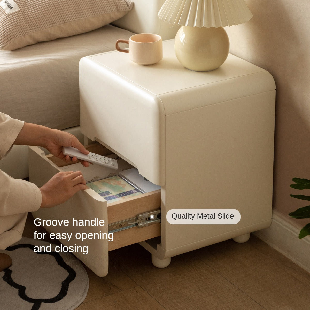 Tulipwood, Solid RubberWood Warm White Two-Drawer Nightstand.